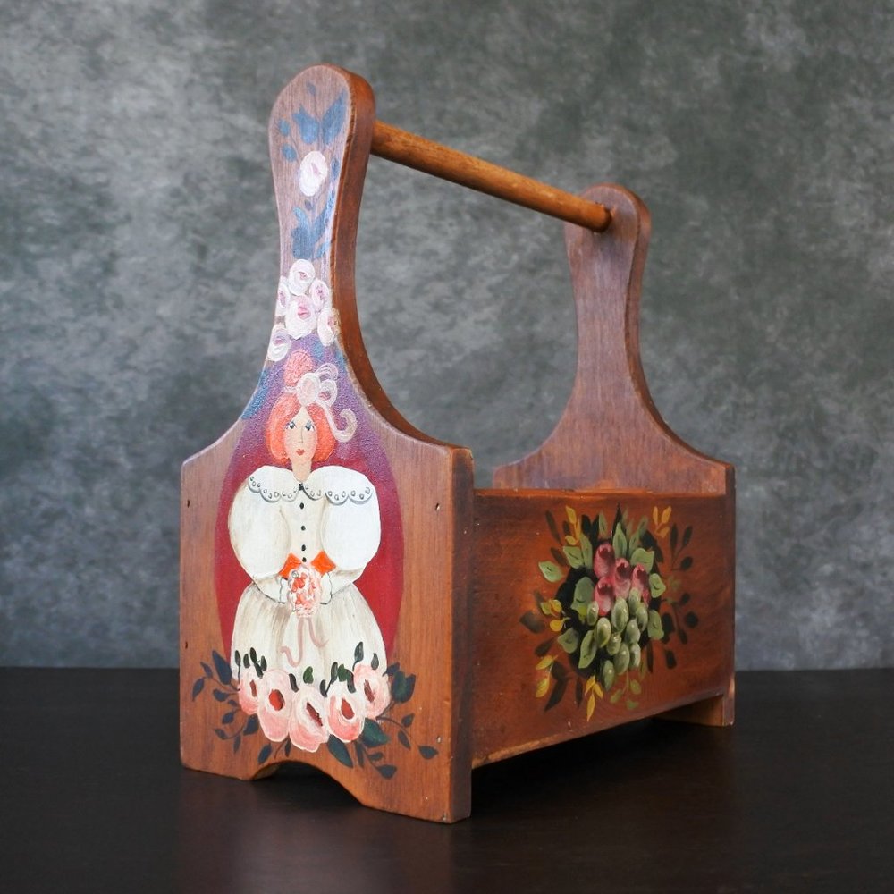 Vintage Signed Painted Bride Floral Handmade Wooden Caddy Organizer Box